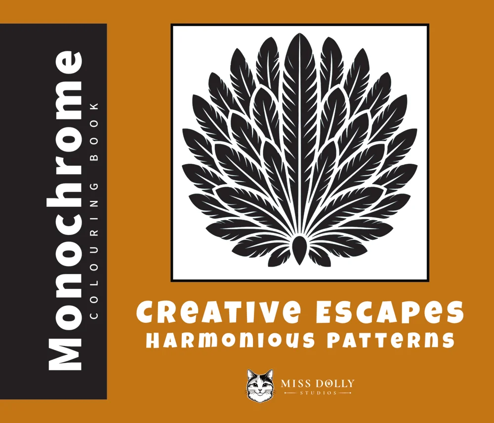 Cover of Creative Escapes: Harmonious Patterns monochrome colouring book by Miss Dolly Studios.