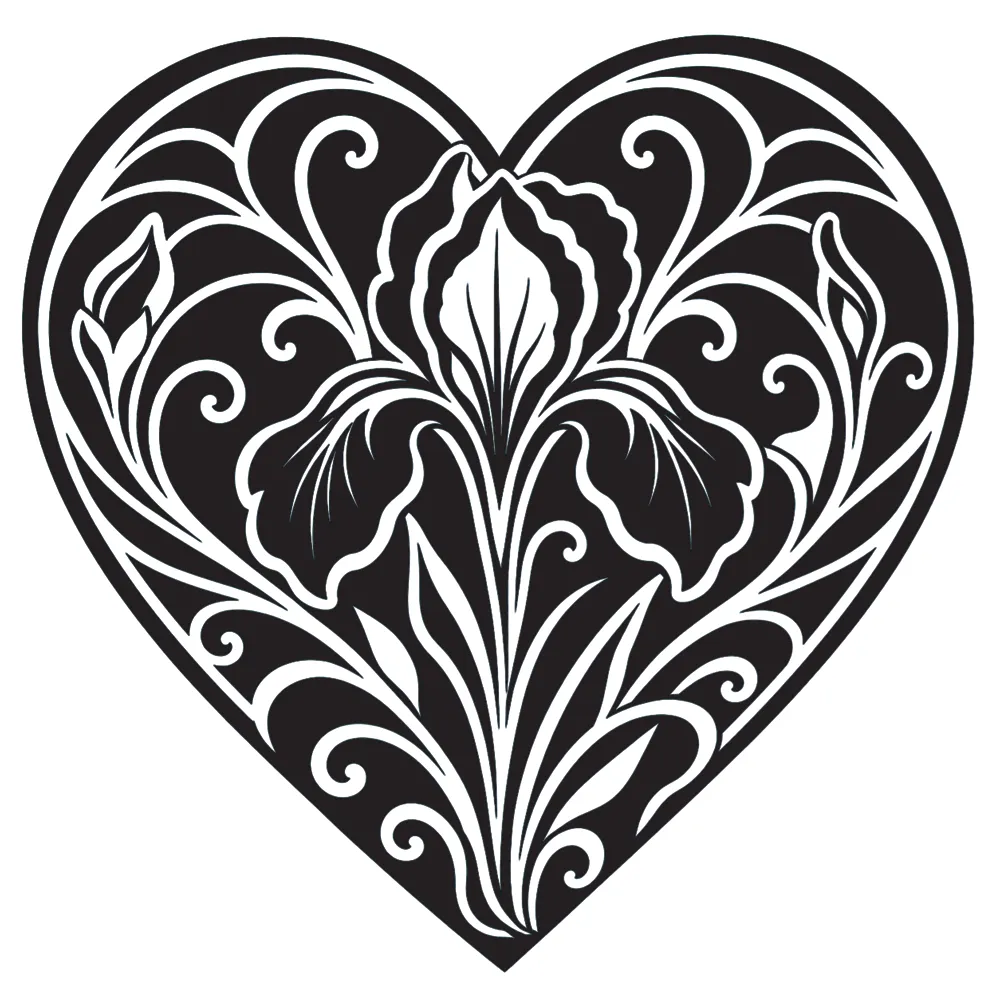 A coloured-in image of a floral art nouveau heart emblem