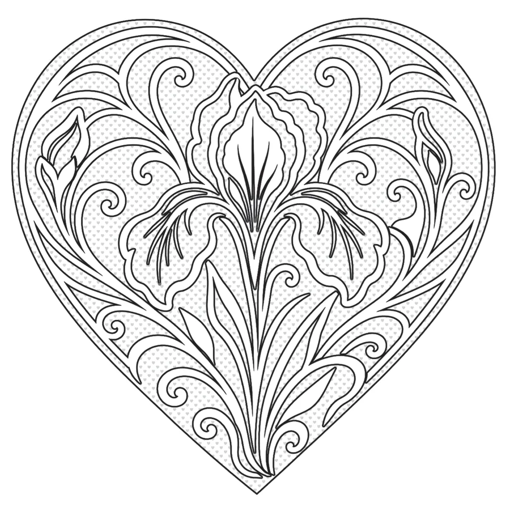 An uncoloured image of a floral art nouveau heart emblem
