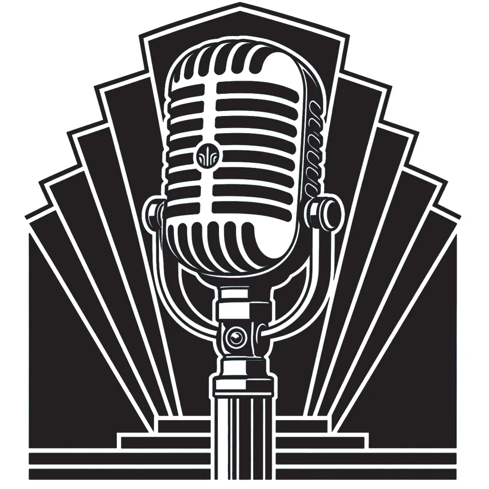 A coloured-in image of a vintage microphone emblem