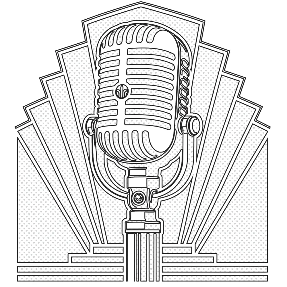 An uncoloured image of a vintage microphone emblem