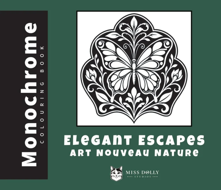 Cover of Elegant Escapes: Art Nouveau Nature monochrome colouring book by Miss Dolly Studios.
