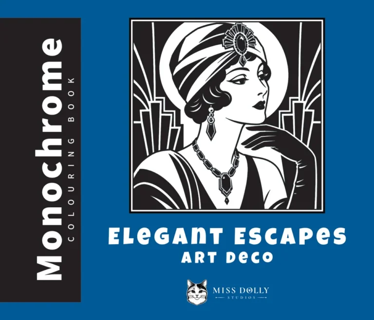 Cover of Elegant Escapes: Art Deco monochrome colouring book by Miss Dolly Studios.