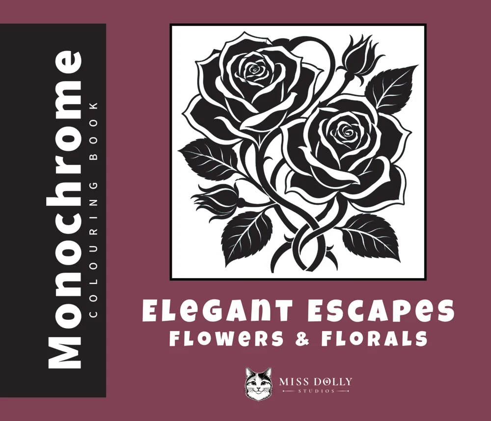 Cover of Elegant Escapes: Flowers & Florals monochrome colouring book by Miss Dolly Studios.