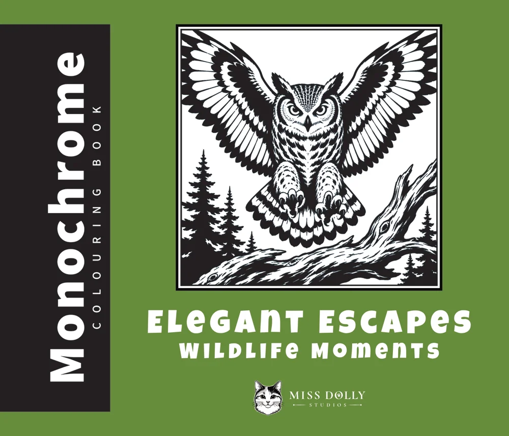 Cover of Elegant Escapes: Wildlife Moments monochrome colouring book by Miss Dolly Studios.