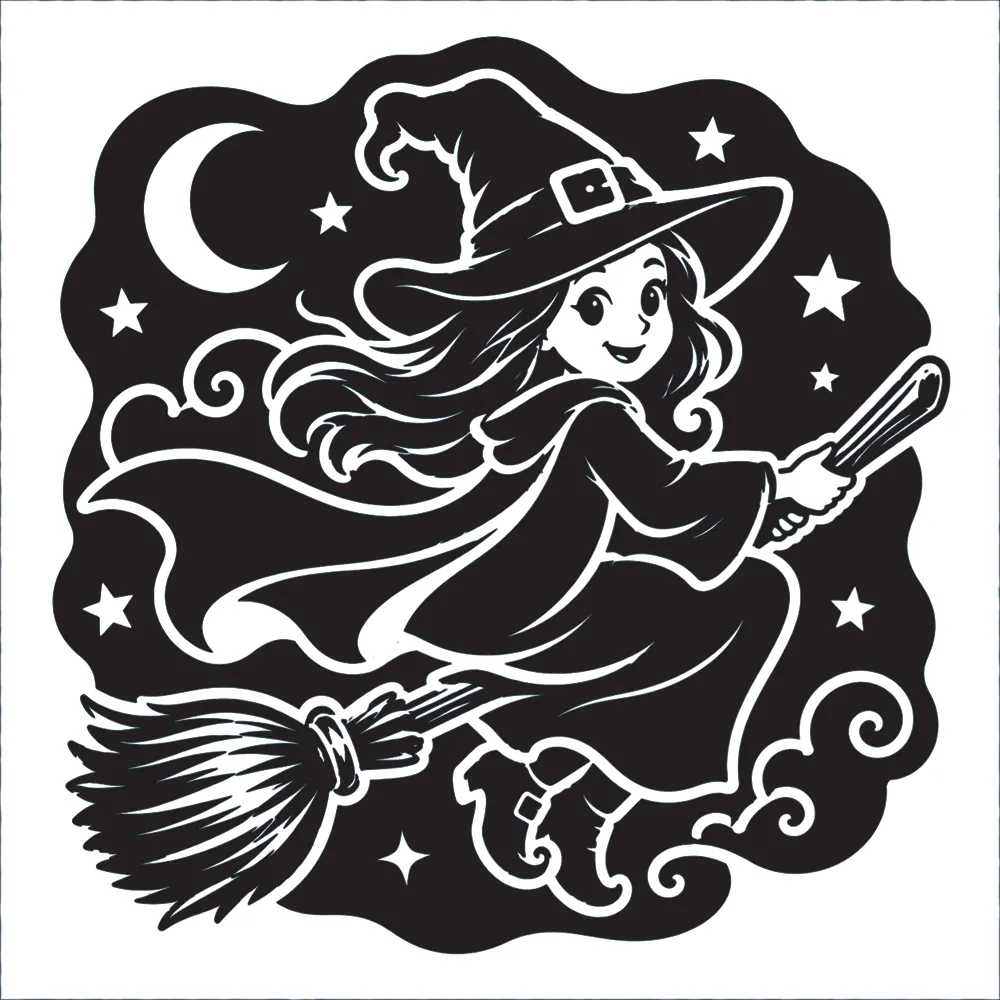 A coloured-in image of a cheerful witch flying under moonlight