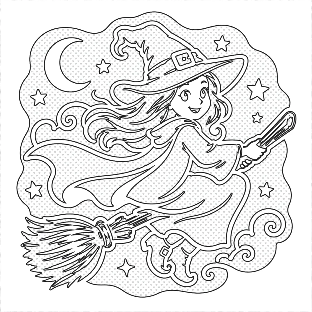 An uncoloured image of a cheerful witch flying under moonlight
