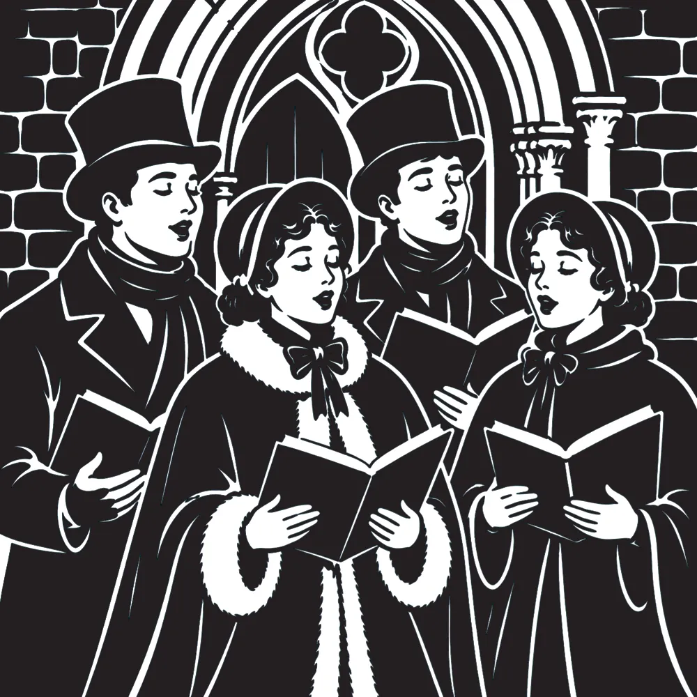 A coloured-in image of some victorian carolers at a gothic church