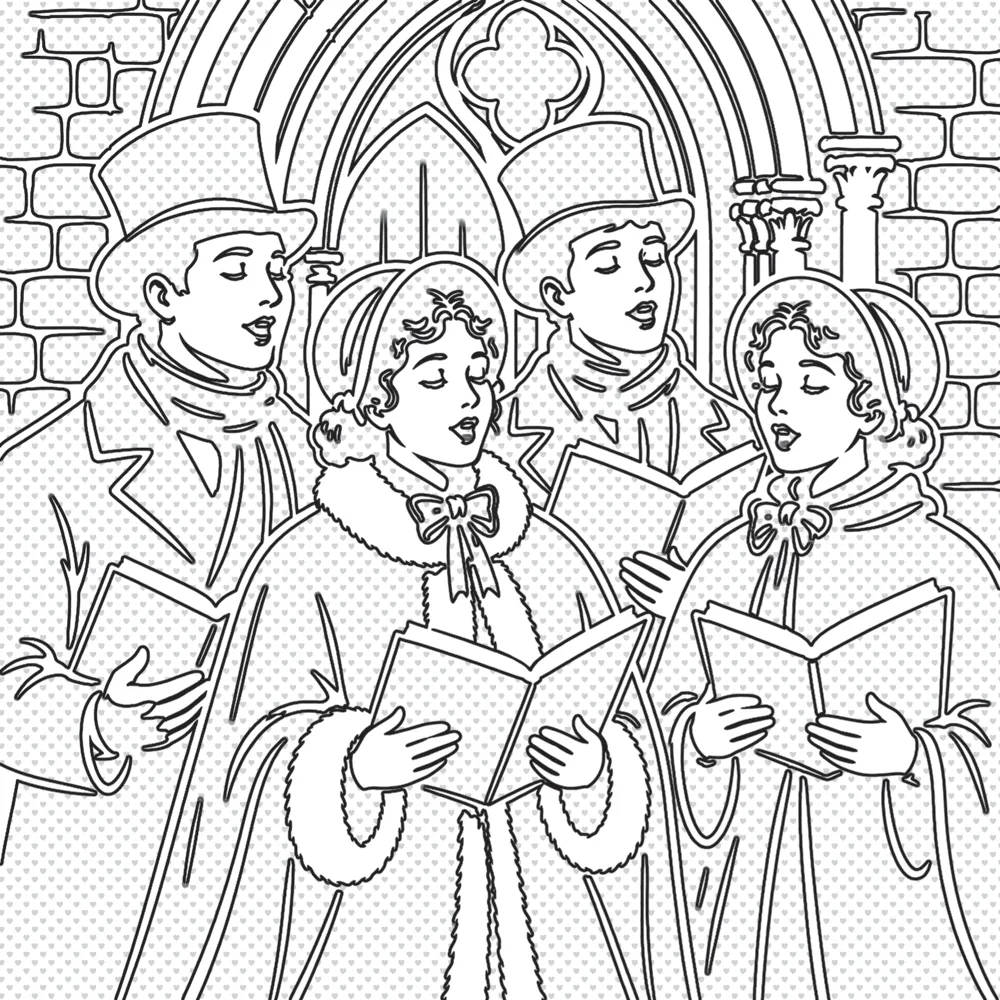 An uncoloured image of some victorian carolers at a gothic church