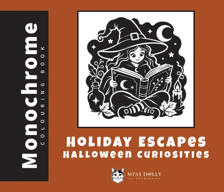 Cover of Holiday Escapes: Halloween Curiosities monochrome colouring book by Miss Dolly Studios.