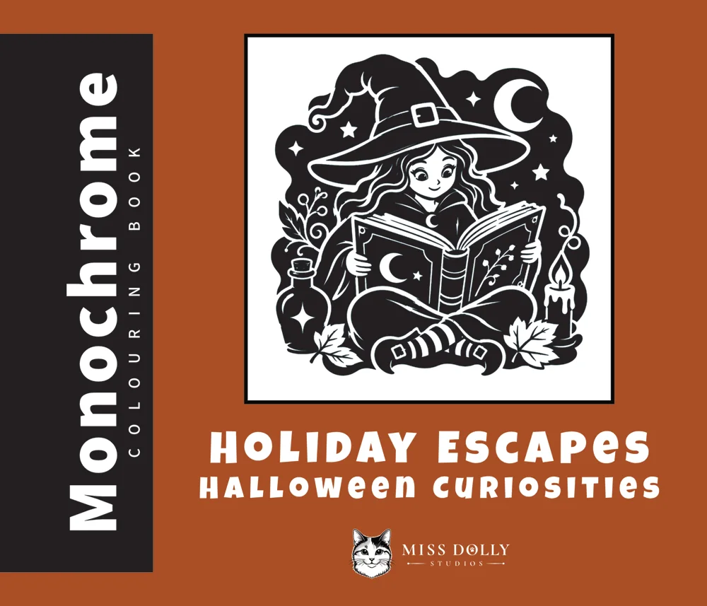 Cover of Holiday Escapes: Halloween Curiosities monochrome colouring book by Miss Dolly Studios.