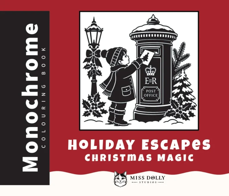 Cover of Holiday Escapes: Christmas Magic monochrome colouring book by Miss Dolly Studios.