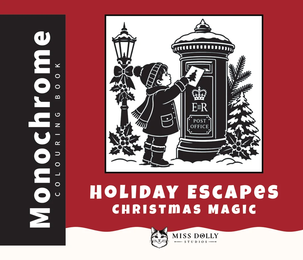 Cover of Holiday Escapes: Christmas Magic monochrome colouring book by Miss Dolly Studios.