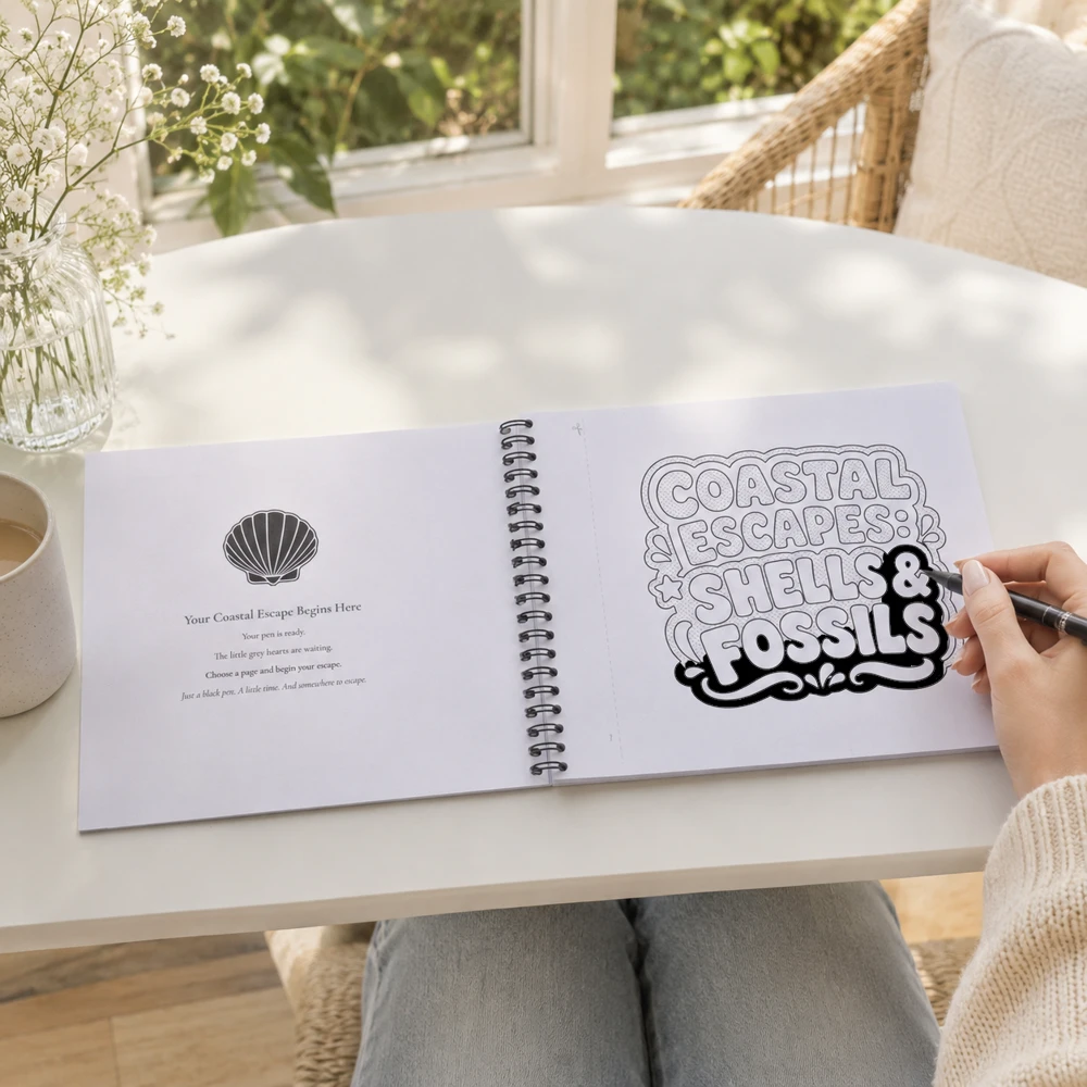 Open Miss Dolly Studios wire-O colouring book on a sunlit table with a black marker ready to begin colouring.
