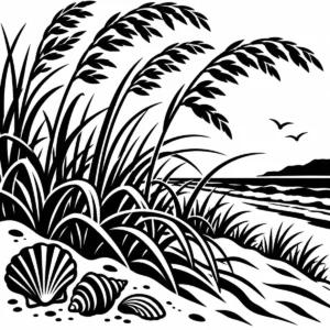Monochrome coastal dunes with bending sea oats, shells and the sea beyond.