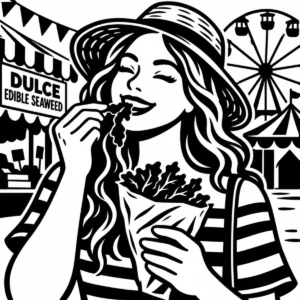 Monochrome woman eating dulse beside a seaside fairground.