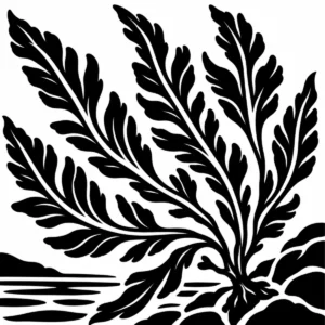 Monochrome botanical study of branching feather seaweed.