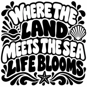 Bold monochrome lettering reading Where the Land Meets the Sea with coastal motifs.