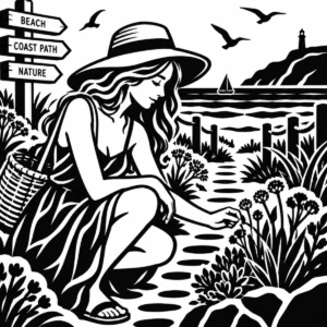 Monochrome woman walking among coastal wildflowers beside the sea.