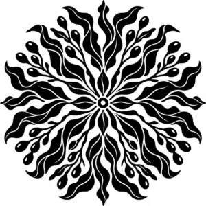 Monochrome circular mandala made from radiating kelp fronds.