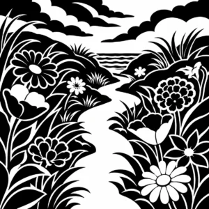 Monochrome path winding through dune wildflowers towards the sea.