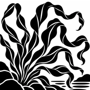 Monochrome study of long curling ribbon seaweed.