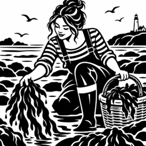Monochrome seaweed forager gathering by a rocky shore and lighthouse.