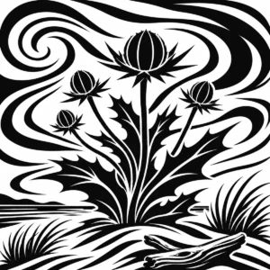 Monochrome sea holly growing in a windswept coastal setting.