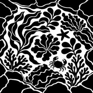 Monochrome rock pool filled with seaweed, stones and tidal life.