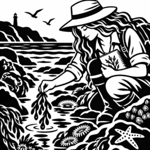 Monochrome woman exploring a tide pool beside the sea.