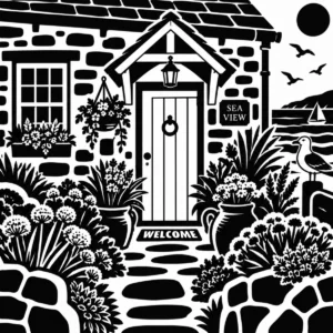 Monochrome seaside cottage with a richly planted coastal garden.