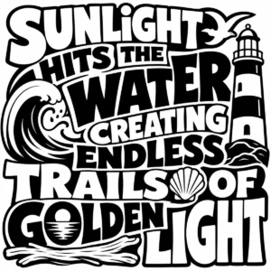 Bold monochrome lettering about trails of golden light with lighthouse and waves.