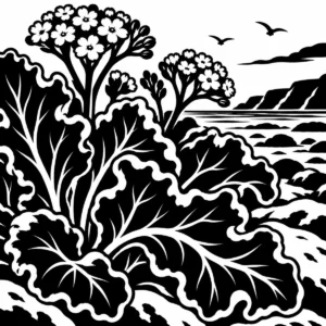 Monochrome sea kale with broad leaves and flowers beside the shore.