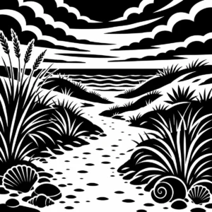 Monochrome sandy path through dune grass leading towards the beach.