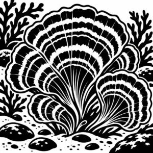 Monochrome fanweed spreading across the seabed with surrounding sea plants.