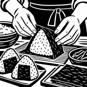 Monochrome close-up of hands wrapping food with a sheet of seaweed.