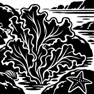 Monochrome sea lettuce with broad ruffled fronds beside rocks and a starfish.
