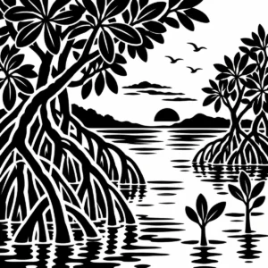 Monochrome mangrove lagoon with twisting roots and sunrise over the water.