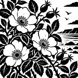 Monochrome wild roses blooming beside the sea.