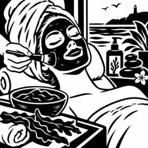 Monochrome woman relaxing during a coastal seaweed spa treatment.