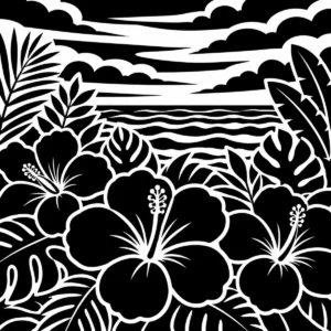 Monochrome coastal flower bed with large blooms and the sea beyond.