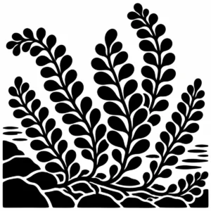Monochrome botanical study of branching Caulerpa seaweed.