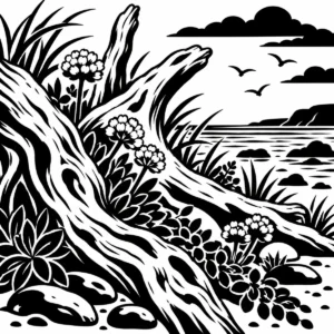 Monochrome driftwood among shoreline plants with the sea beyond.