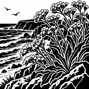 Monochrome wildflowers growing above coastal cliffs and sea.
