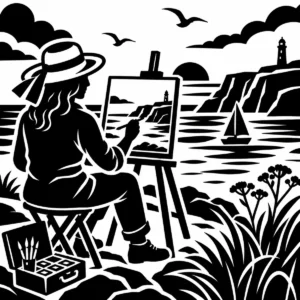 Monochrome seaside painter at an easel overlooking the coast at sunset.