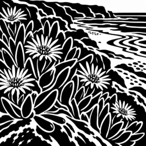 Monochrome coastal succulent garden beside the shoreline.
