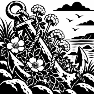 Monochrome anchor resting among coastal wildflowers overlooking the sea.