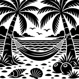 Monochrome hammock hanging between palm trees on a tropical beach.