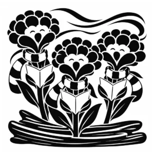 Monochrome coastal flowers arranged in small holders on driftwood.