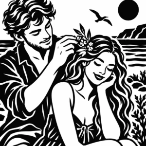 Monochrome couple sharing a quiet moment beside the coast.